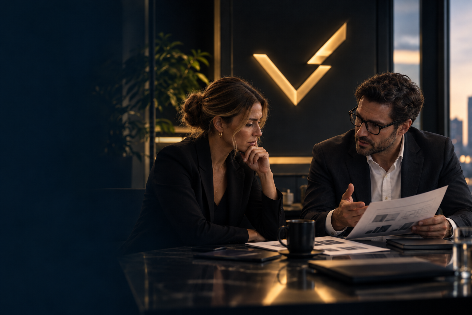 Two senior professionals independently reviewing marketing campaign materials