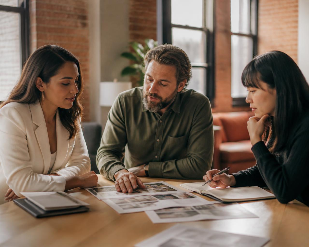 An executive, an independent advisor and a marketing lead reviewing printed work together