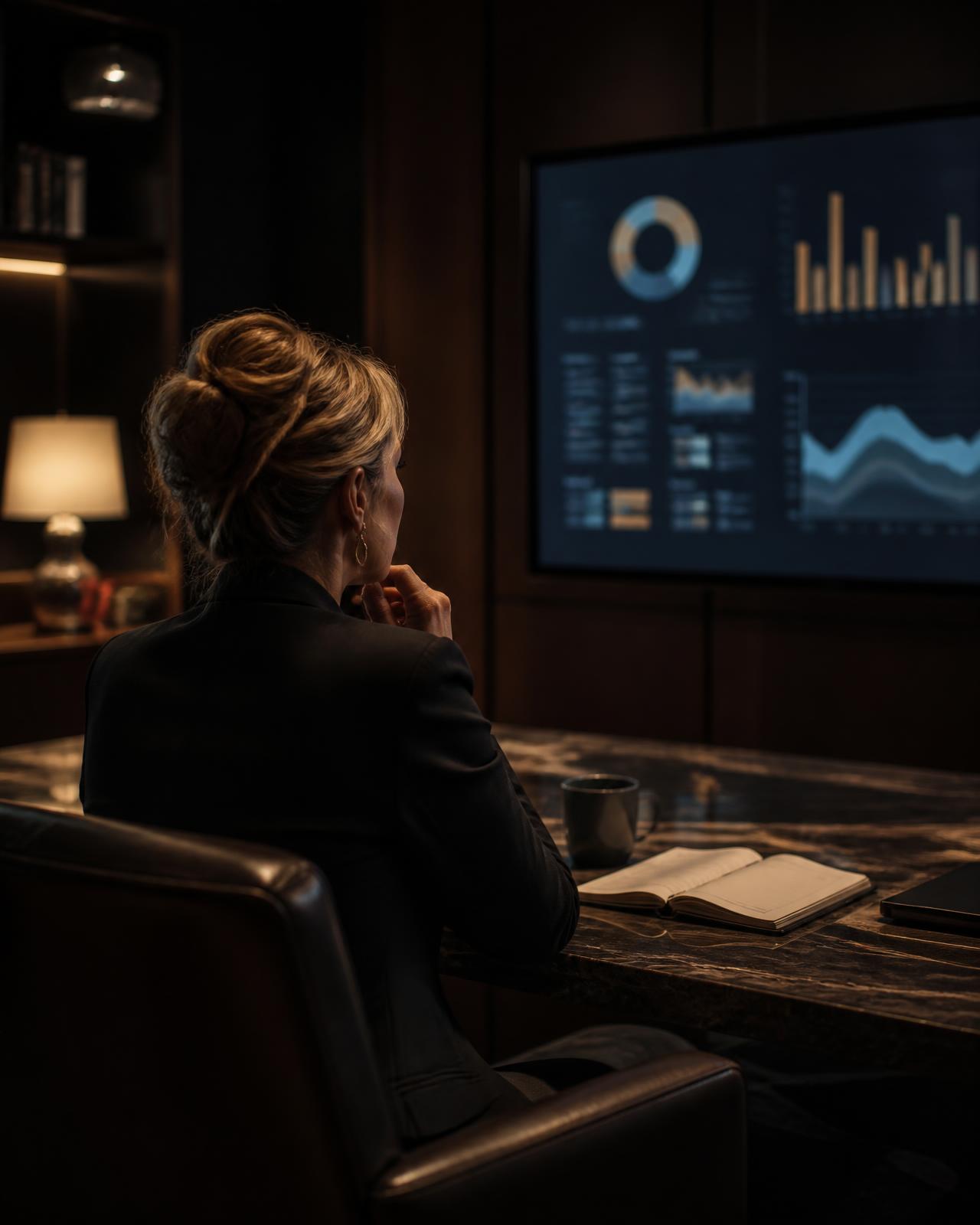 A business leader independently reviewing marketing performance in a private office