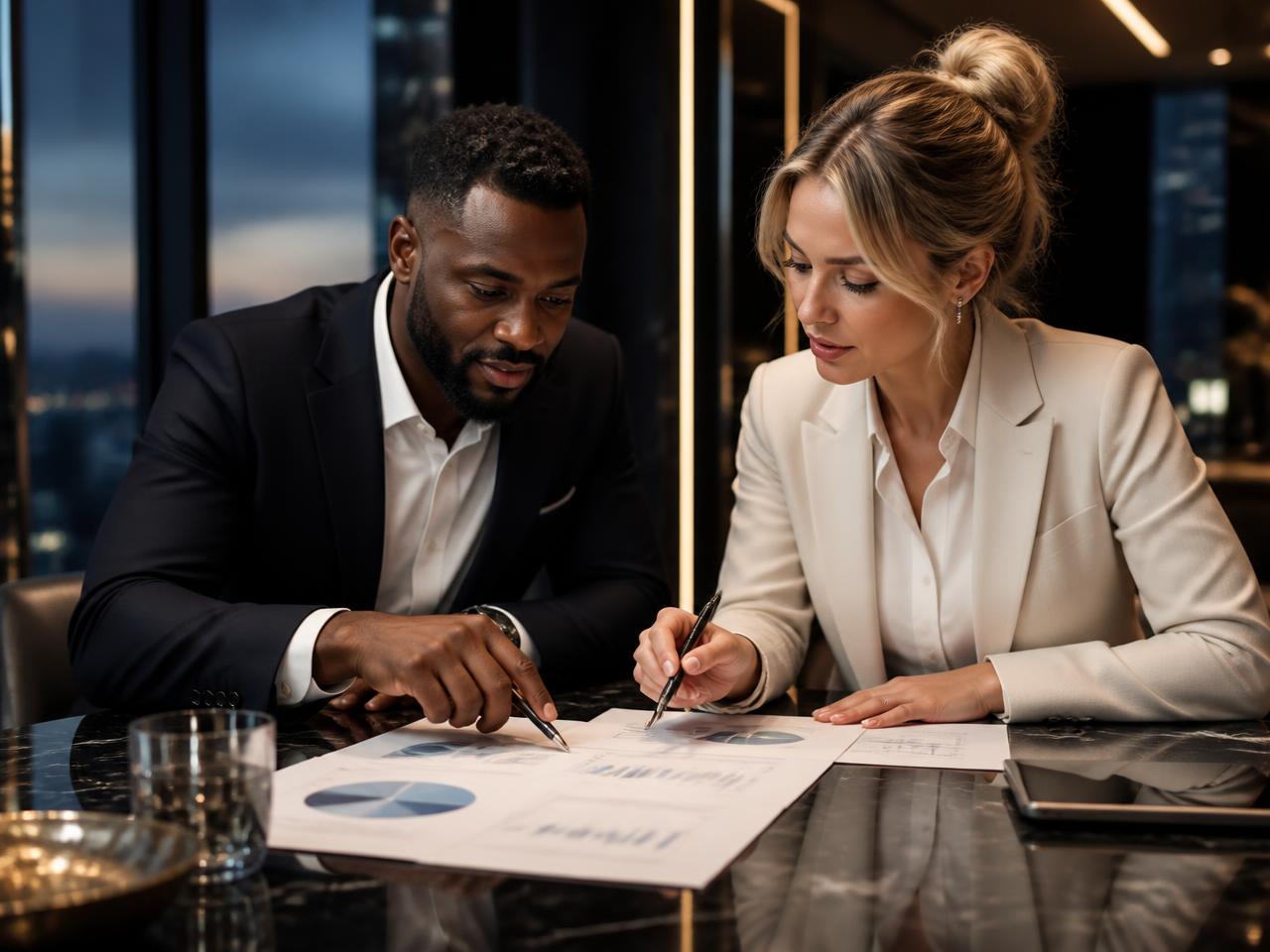 Two executives reviewing marketing strategy documents together at a polished table