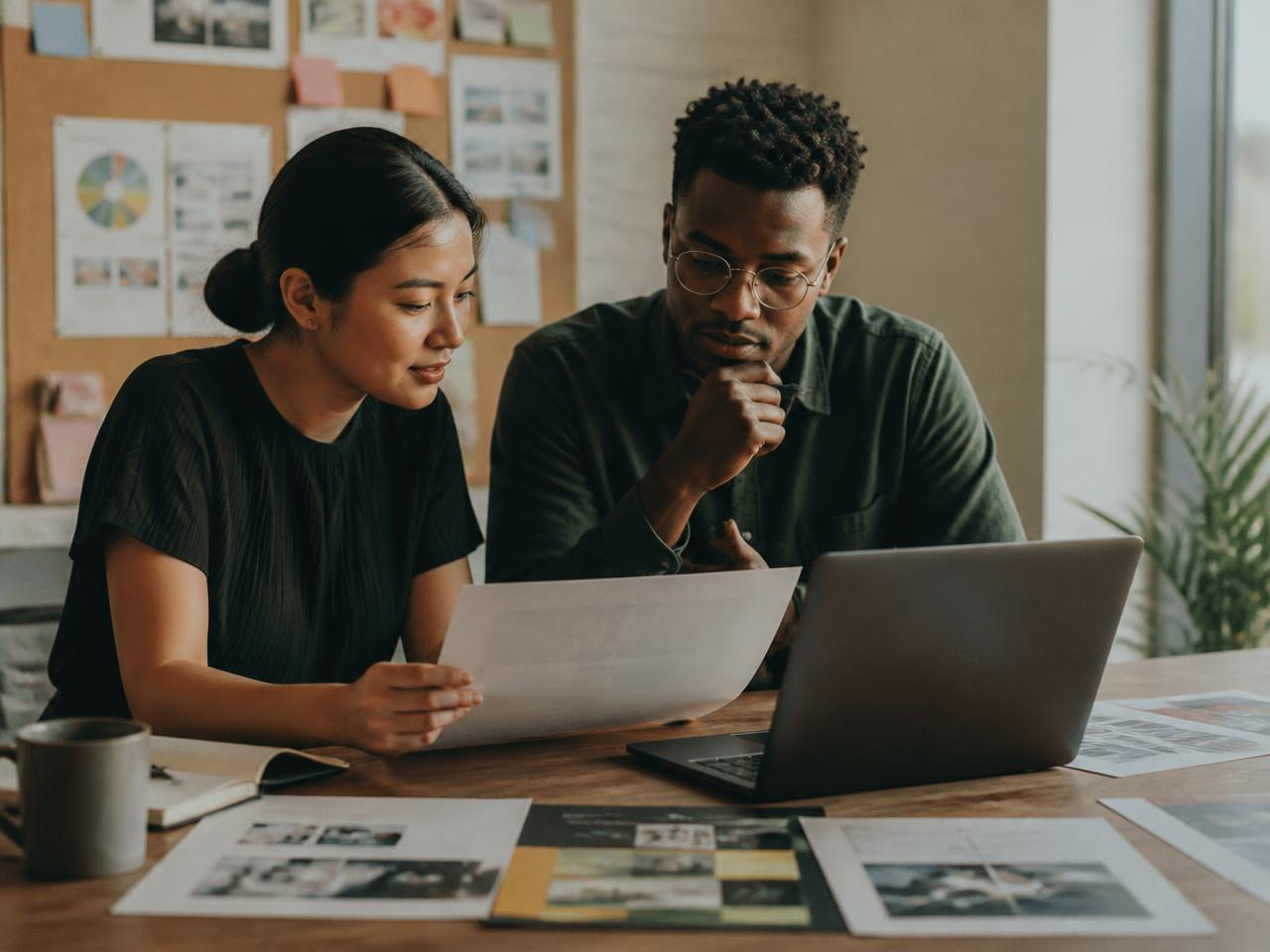 Two marketers reviewing campaign creative together at a desk