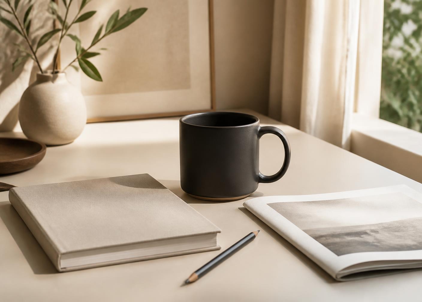 A dark mug, notebook and printed document on a calm, sunlit desk