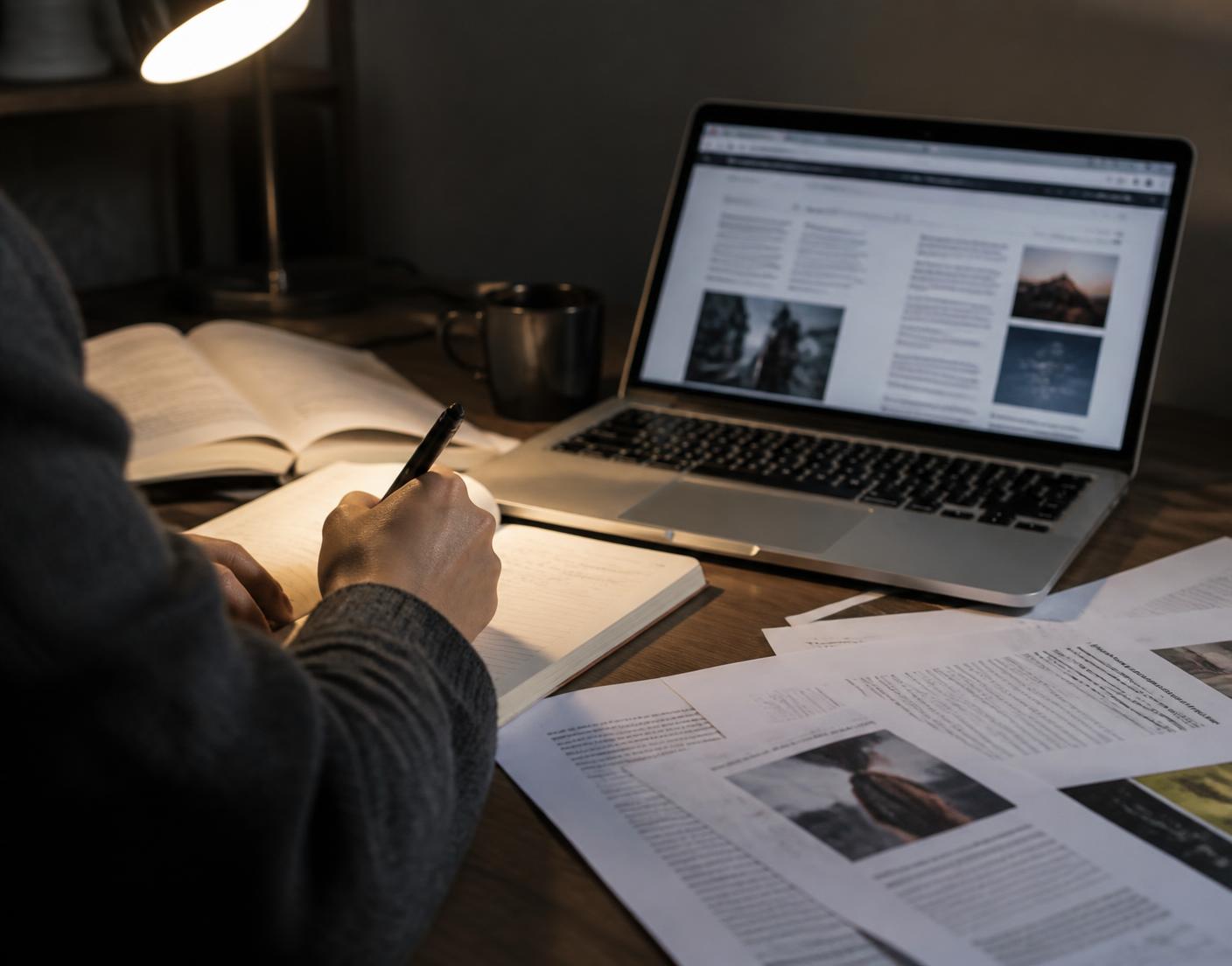 Hands taking notes beside an open laptop and printed articles on a desk at night