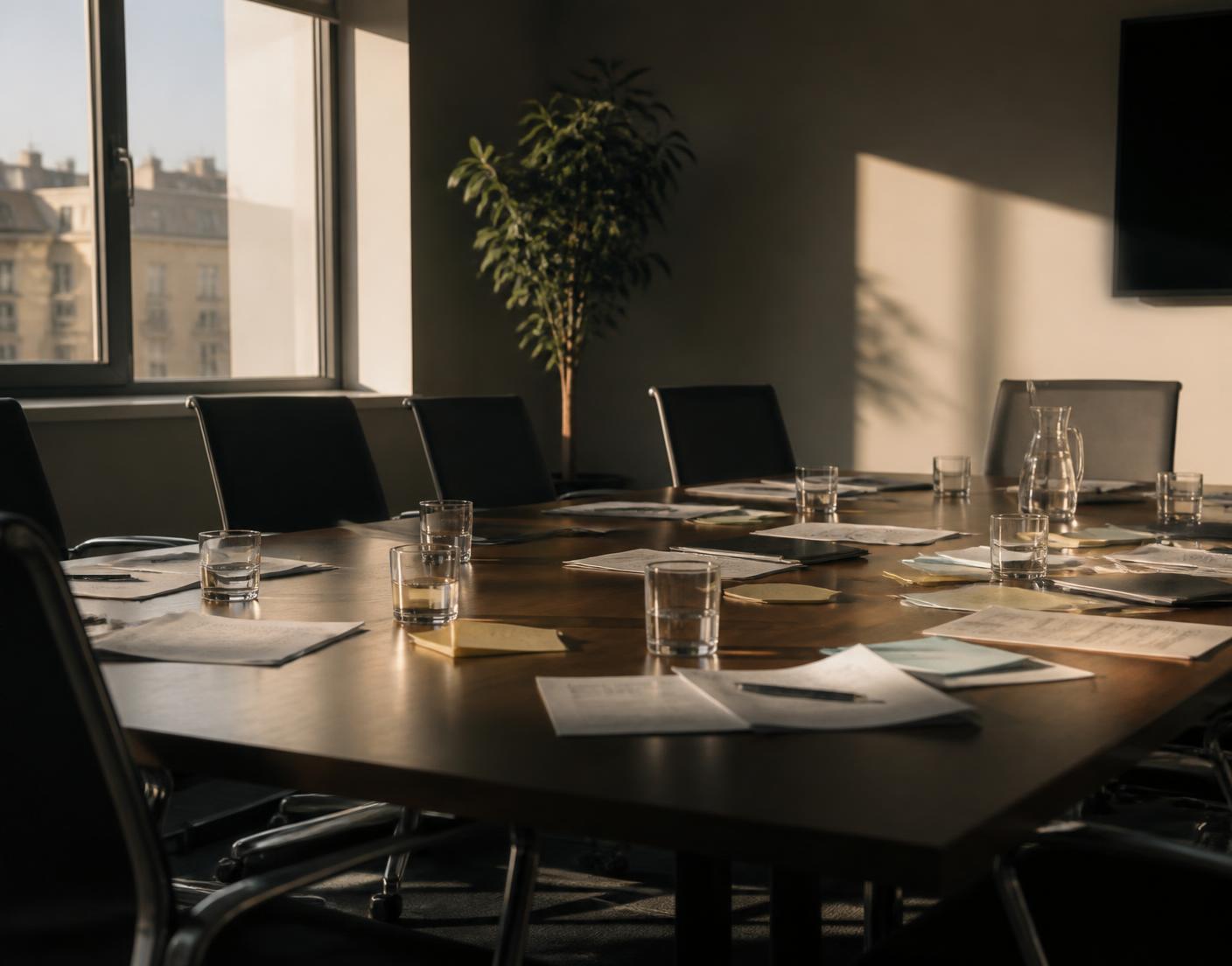 Empty meeting room with scattered documents after a strategy session