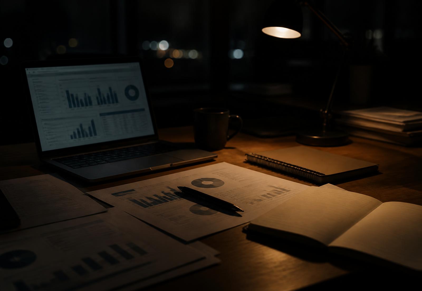 Marketing reports and an open laptop on a desk lit by a single lamp at night