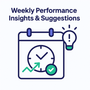 Weekly performance insights and suggestions graphic with calendar, clock, arrow, checkmark, and lightbulb