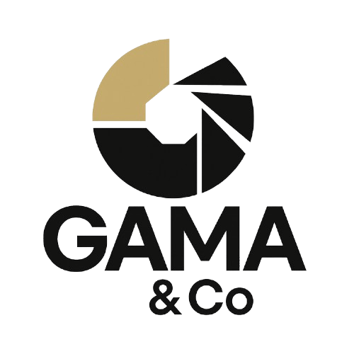Bold black and gold circular logo for GAMA & Co., a creative content and photography agency.